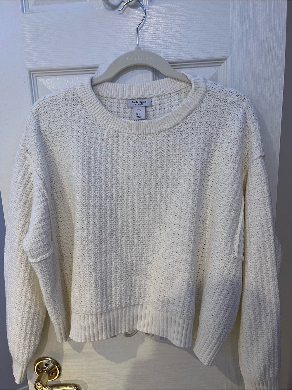 Haute Hippie Style Cream/White Waffle-Knit Crewneck Sweater